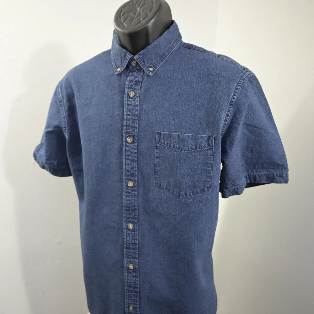 Banana Republic Button Up‎ Men L Slim Fit Blue Short Sleeve Denim Pocket Shirt
